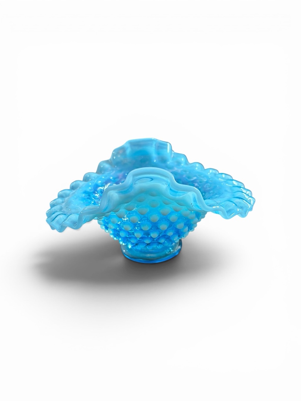 Fenton Blue Hobnail Milk Glass Round Crimped Bowl - Decorative Centerpiece